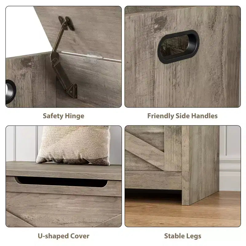30-Inch Wooden Storage Bench with Safety Hinge and Large Shoe Storage Chest