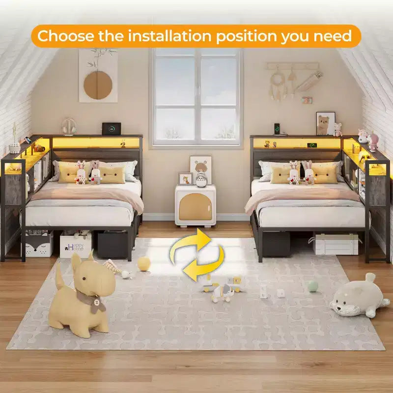 Twin Size Corner Daybed with 3 Storage Drawers, Bookcase, LED Lights, Charging Station and Upholstered Headboard, Gray