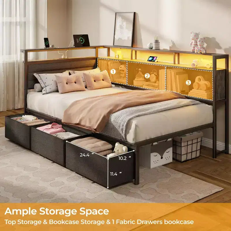 Twin Size Corner Daybed with 3 Storage Drawers, Bookcase, LED Lights, Charging Station and Upholstered Headboard, Gray