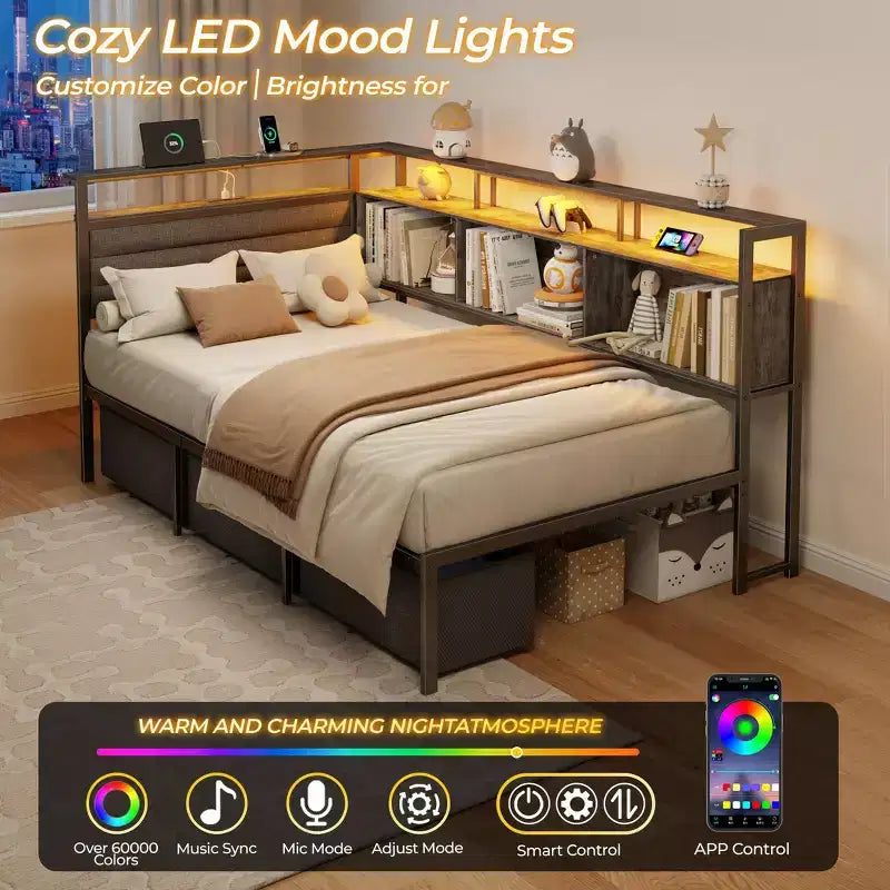 Twin Size Corner Daybed with 3 Storage Drawers, Bookcase, LED Lights, Charging Station and Upholstered Headboard, Gray