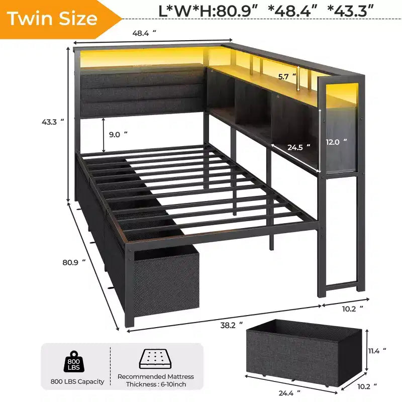 Twin Size Corner Daybed with 3 Storage Drawers, Bookcase, LED Lights, Charging Station and Upholstered Headboard, Gray