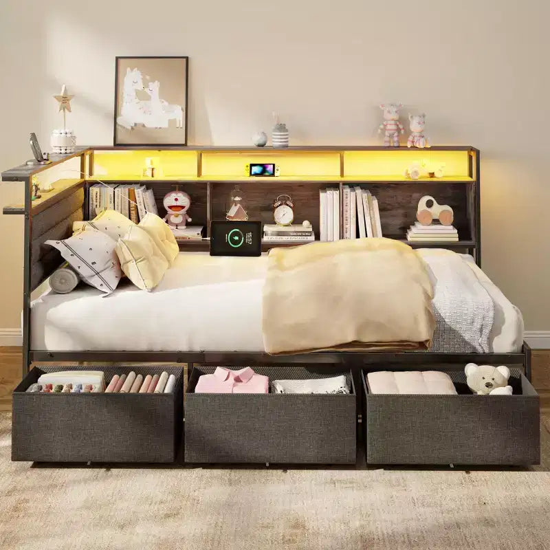 Twin Size Corner Daybed with 3 Storage Drawers, Bookcase, LED Lights, Charging Station and Upholstered Headboard, Gray