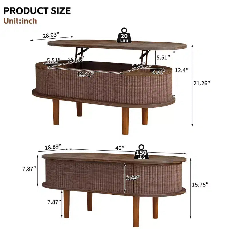 40-Inch Modern Lift-Top Coffee Table with Hidden Storage, Rustic Oval Center Table for Living Room
