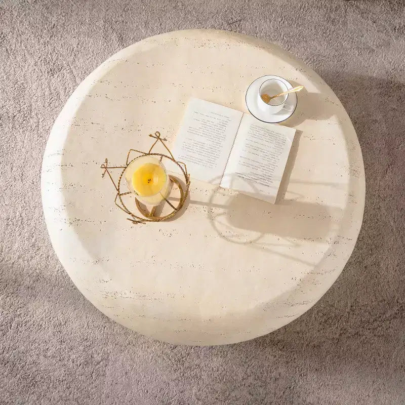 35.4-Inch Modern Round Coffee Table with Faux Stone Top, Smooth Edge, No Assembly Required
