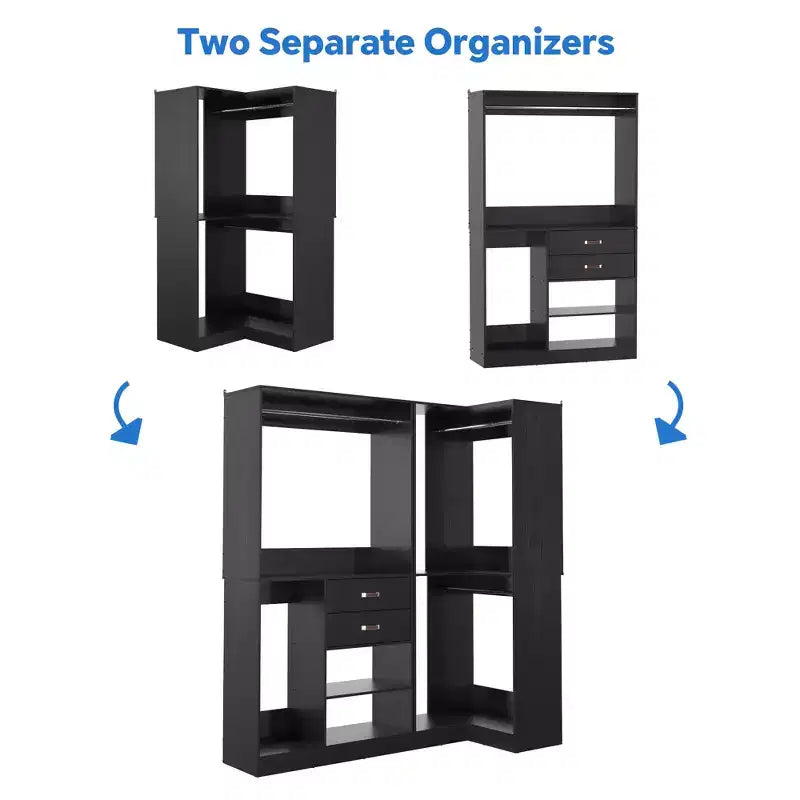 71-Inch Freestanding Corner Closet Organizer System with Wood Drawers and Hanging Rods