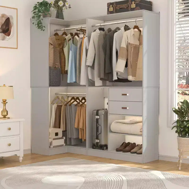 71-Inch Freestanding Corner Closet Organizer System with Wood Drawers and Hanging Rods