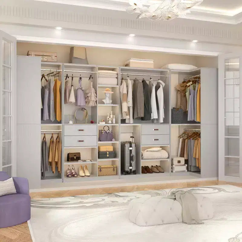 71-Inch Freestanding Corner Closet Organizer System with Wood Drawers and Hanging Rods