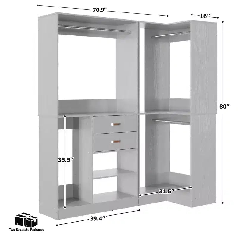 71-Inch Freestanding Corner Closet Organizer System with Wood Drawers and Hanging Rods