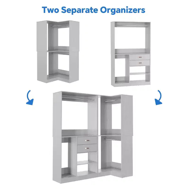 71-Inch Freestanding Corner Closet Organizer System with Wood Drawers and Hanging Rods