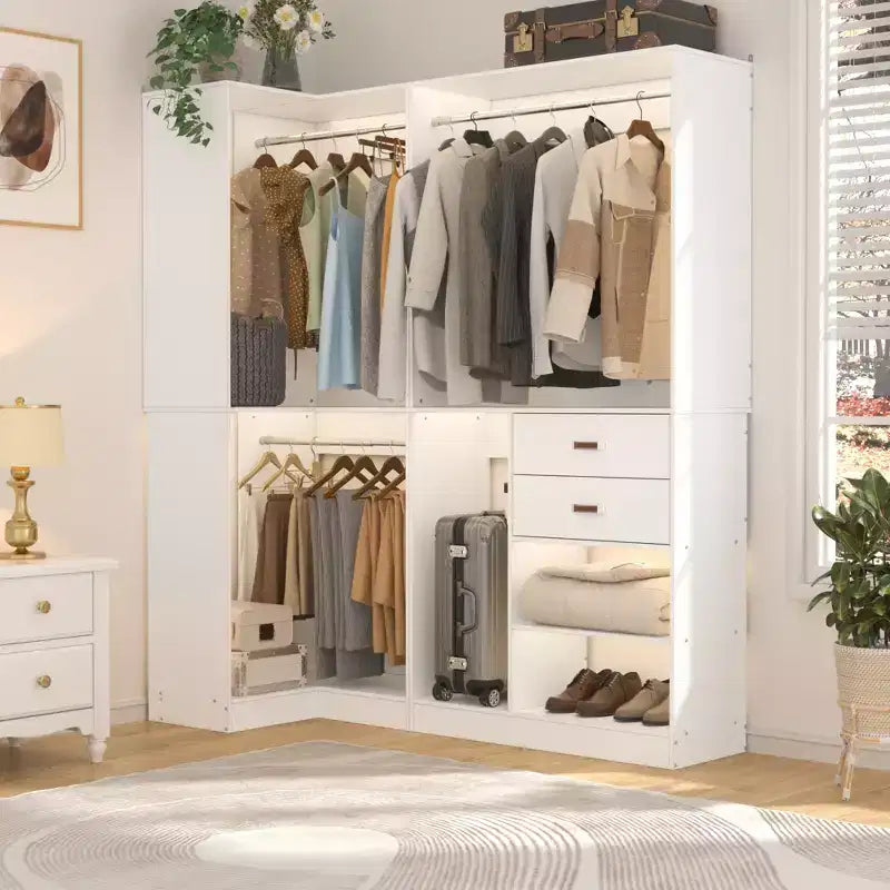 71-Inch Freestanding Corner Closet Organizer System with Wood Drawers and Hanging Rods