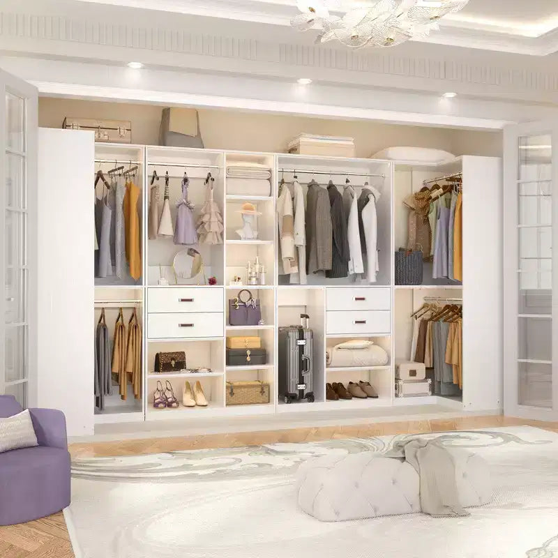 71-Inch Freestanding Corner Closet Organizer System with Wood Drawers and Hanging Rods