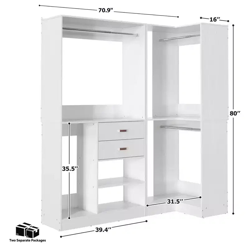 71-Inch Freestanding Corner Closet Organizer System with Wood Drawers and Hanging Rods
