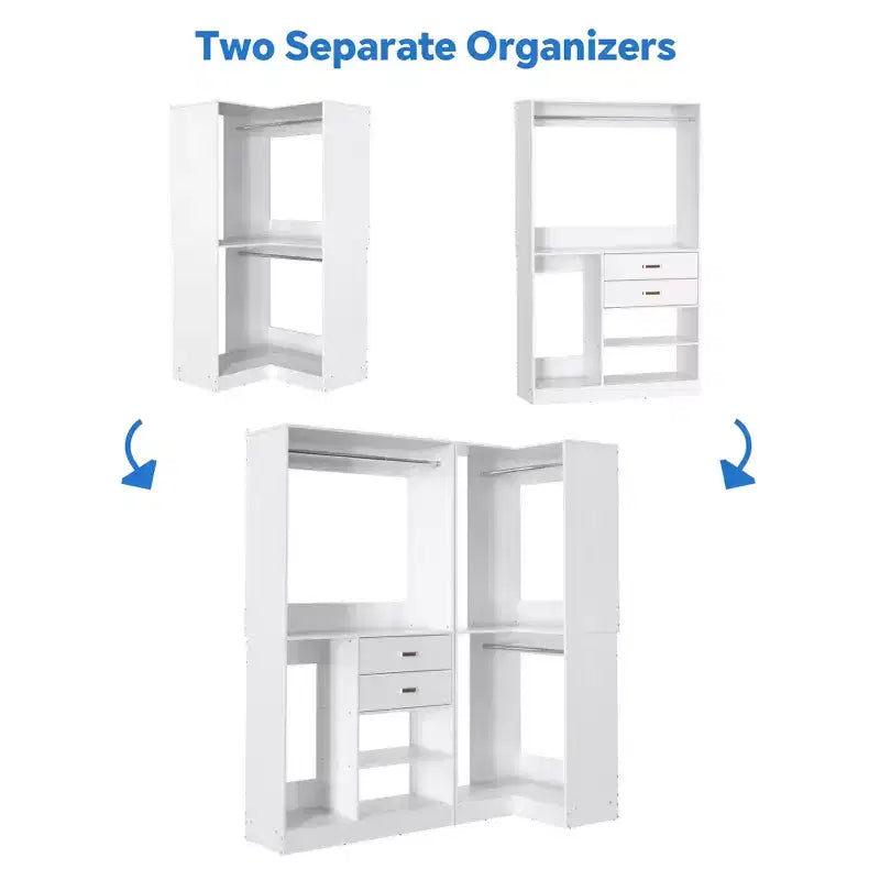 71-Inch Freestanding Corner Closet Organizer System with Wood Drawers and Hanging Rods