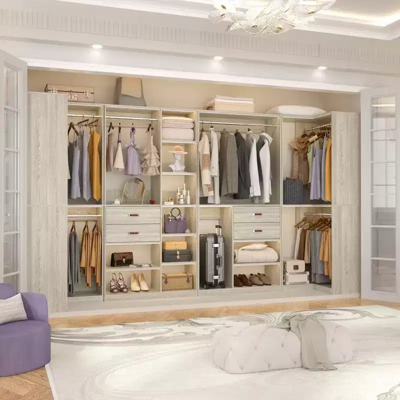 71-Inch Freestanding Corner Closet Organizer System with Wood Drawers and Hanging Rods