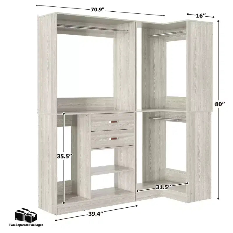 71-Inch Freestanding Corner Closet Organizer System with Wood Drawers and Hanging Rods