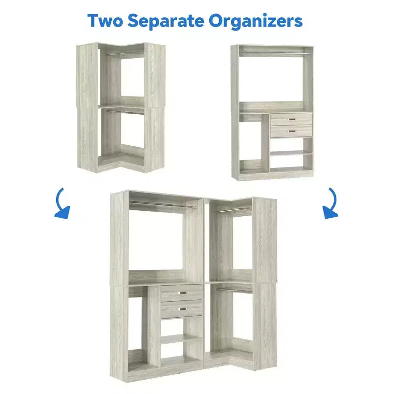 71-Inch Freestanding Corner Closet Organizer System with Wood Drawers and Hanging Rods