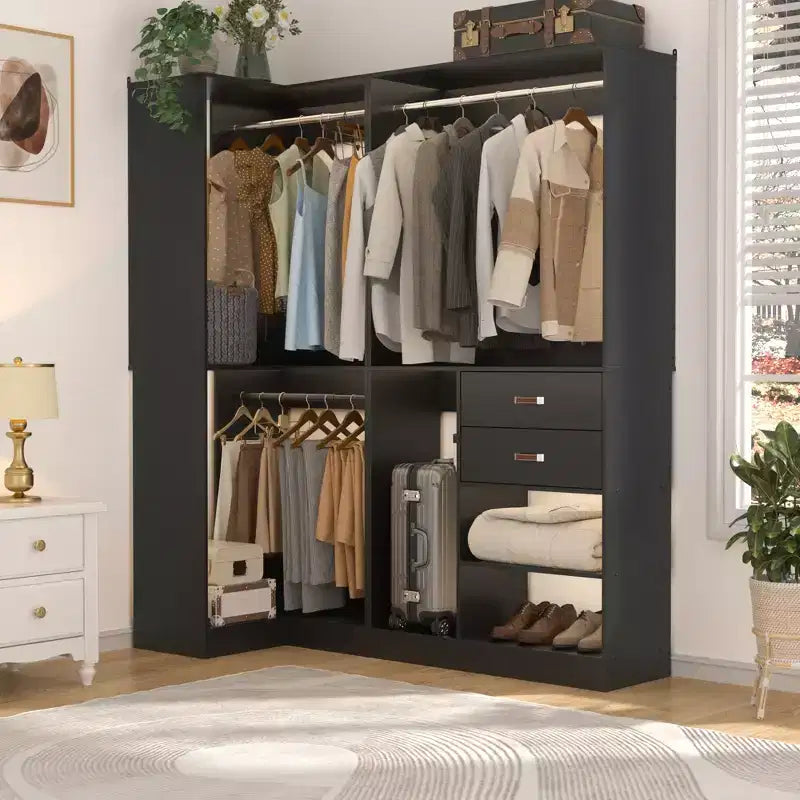 71-Inch Freestanding Corner Closet Organizer System with Wood Drawers and Hanging Rods