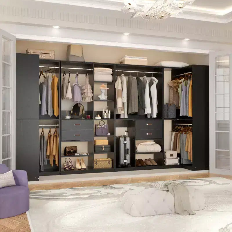 71-Inch Freestanding Corner Closet Organizer System with Wood Drawers and Hanging Rods