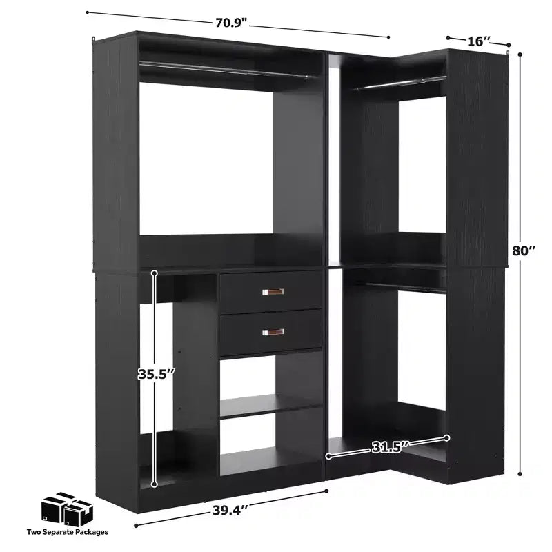 71-Inch Freestanding Corner Closet Organizer System with Wood Drawers and Hanging Rods