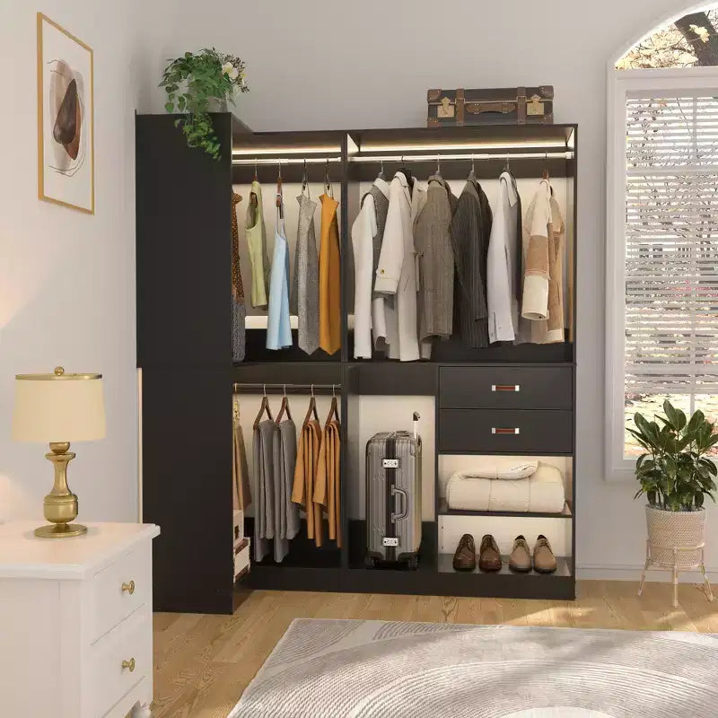 71-Inch Freestanding Corner Closet Organizer System with Wood Drawers and Hanging Rods