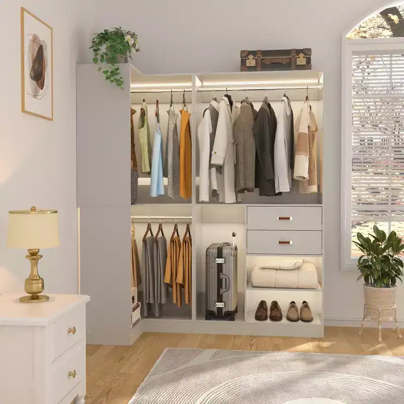 71-Inch Freestanding Corner Closet Organizer System with Wood Drawers and Hanging Rods