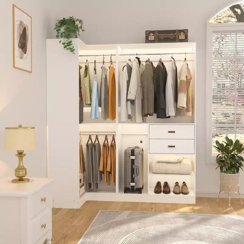 71-Inch Freestanding Corner Closet Organizer System with Wood Drawers and Hanging Rods