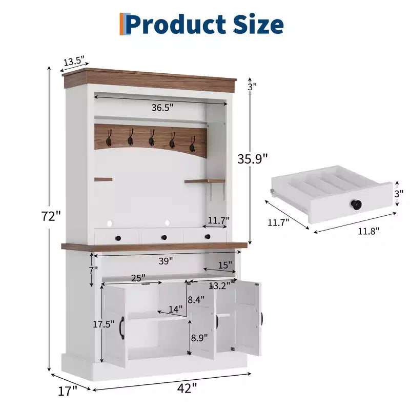 72-Inch Farmhouse Coffee Bar Hutch with LED Light, Microwave Stand, Glass Shelf, 6 Hooks and 3 Drawers