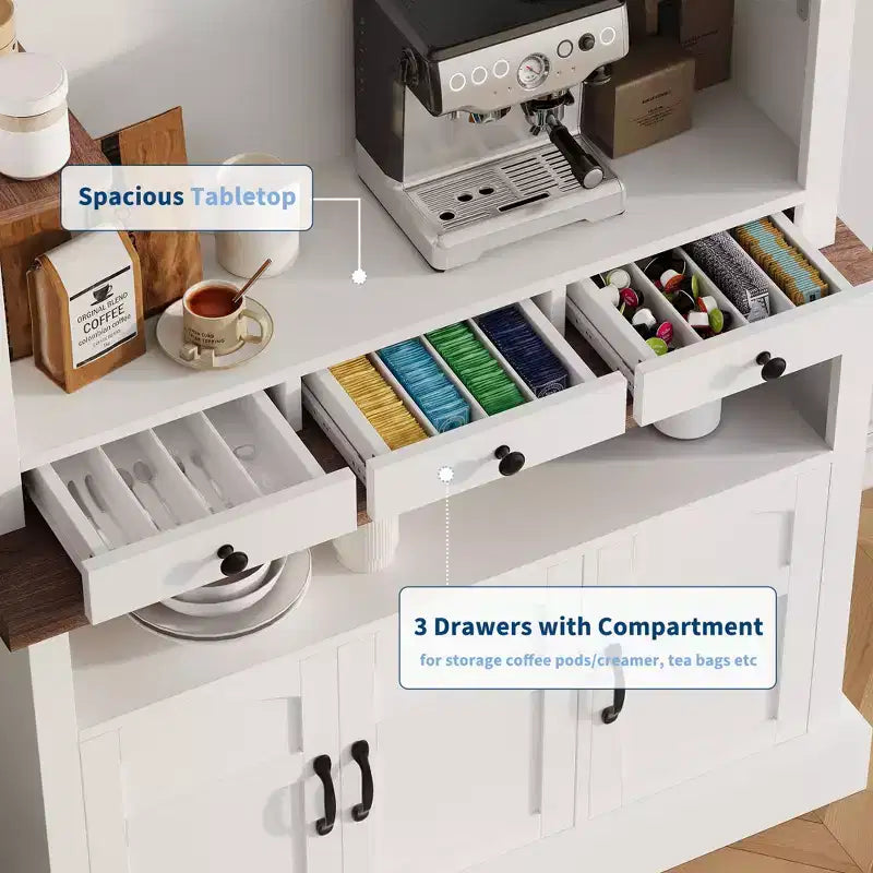 72-Inch Farmhouse Coffee Bar Hutch with LED Light, Microwave Stand, Glass Shelf, 6 Hooks and 3 Drawers