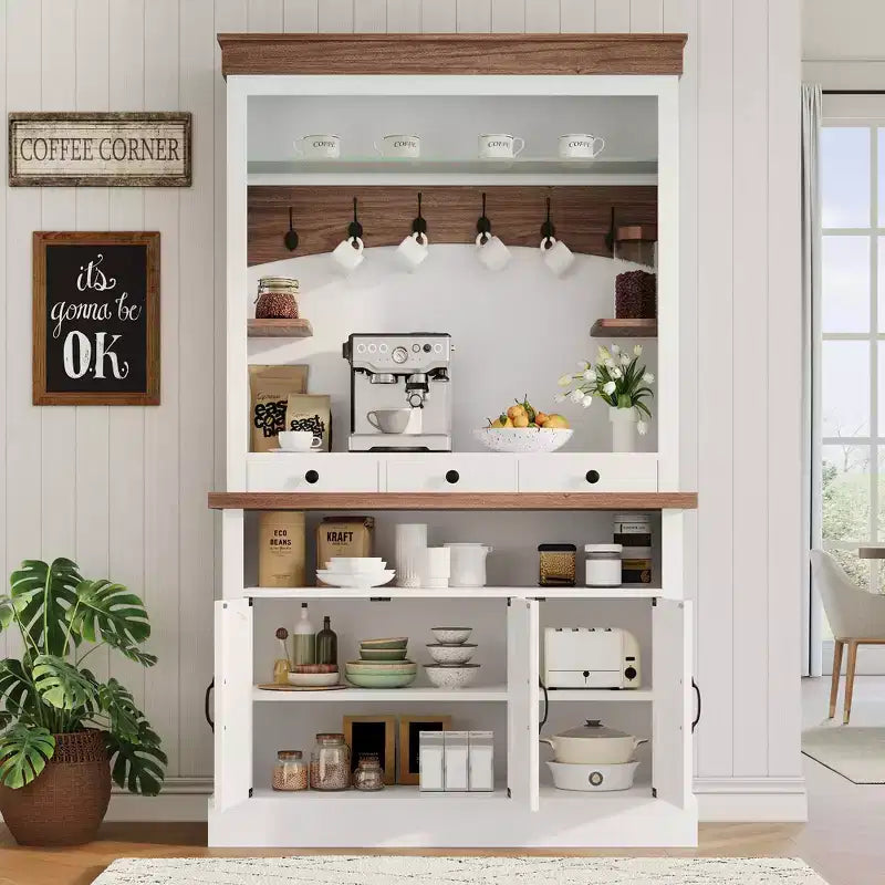 72-Inch Farmhouse Coffee Bar Hutch with LED Light, Microwave Stand, Glass Shelf, 6 Hooks and 3 Drawers