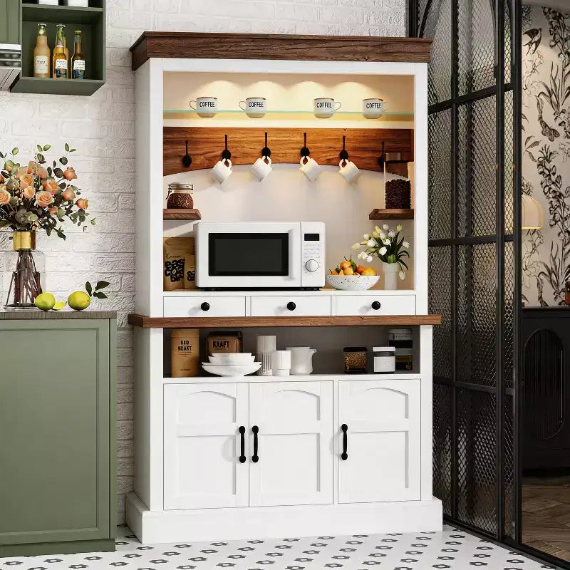 72-Inch Farmhouse Coffee Bar Hutch with LED Light, Microwave Stand, Glass Shelf, 6 Hooks and 3 Drawers