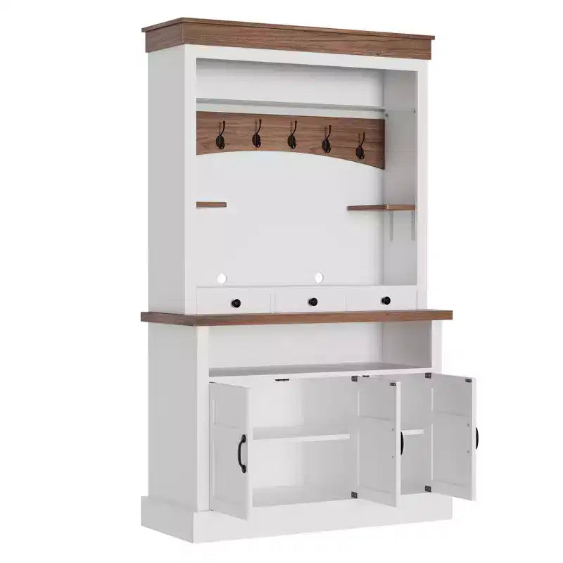 72-Inch Farmhouse Coffee Bar Hutch with LED Light, Microwave Stand, Glass Shelf, 6 Hooks and 3 Drawers