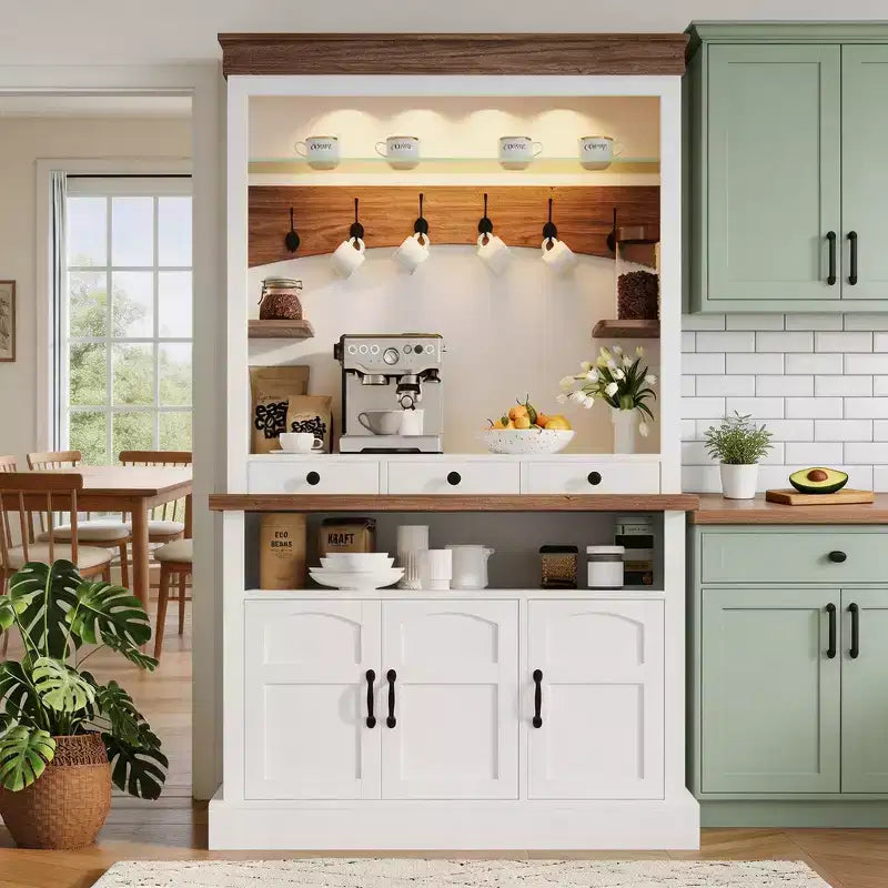72-Inch Farmhouse Coffee Bar Hutch with LED Light, Microwave Stand, Glass Shelf, 6 Hooks and 3 Drawers