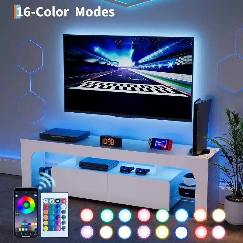 TV Stand with LED Lights, Modern Entertainment Center with 2 Drawers and Open Shelf for TVs Up to 70 Inches