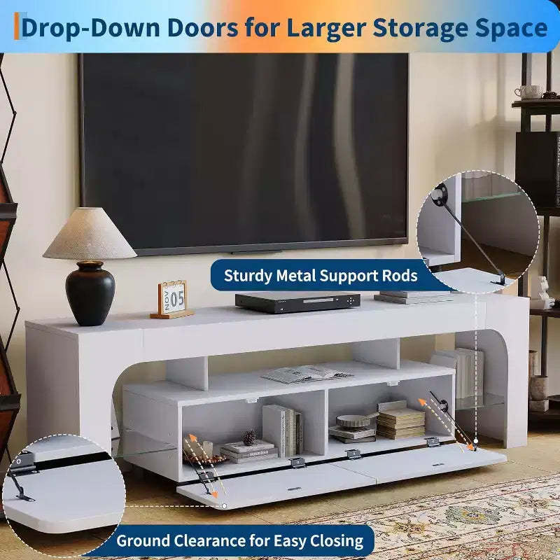TV Stand with LED Lights, Modern Entertainment Center with 2 Drawers and Open Shelf for TVs Up to 70 Inches