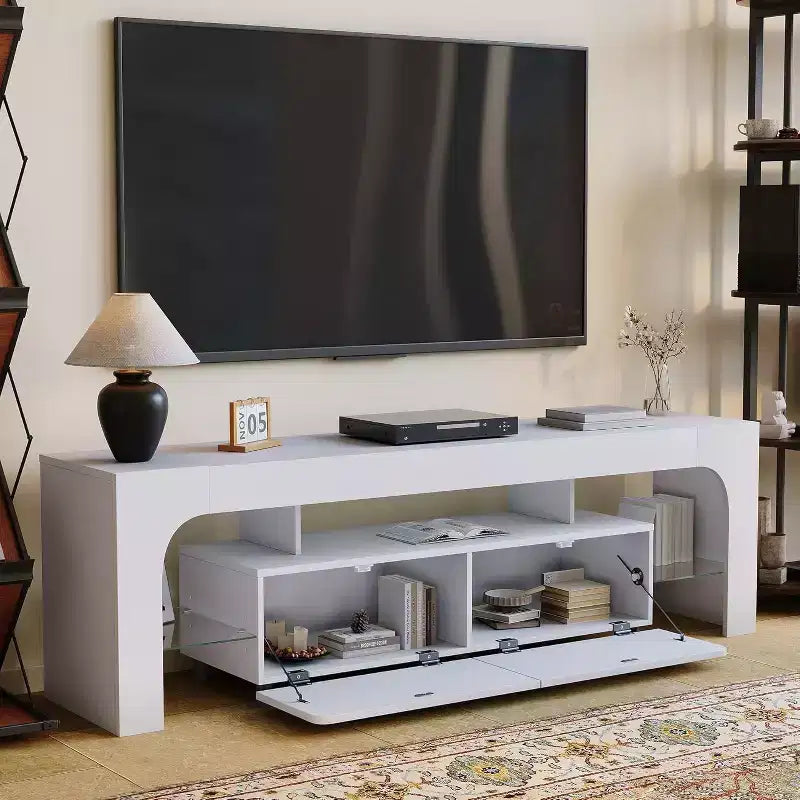 TV Stand with LED Lights, Modern Entertainment Center with 2 Drawers and Open Shelf for TVs Up to 70 Inches