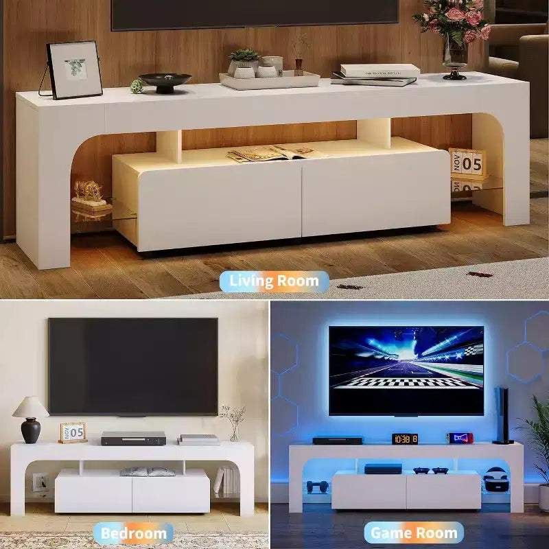 TV Stand with LED Lights, Modern Entertainment Center with 2 Drawers and Open Shelf for TVs Up to 70 Inches