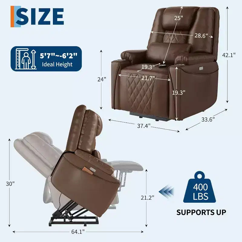 Power Lift Recliner Chair in PU Leather with Charging Ports, Cup Holders, Electric Stand Assist and Remote Control, Brown