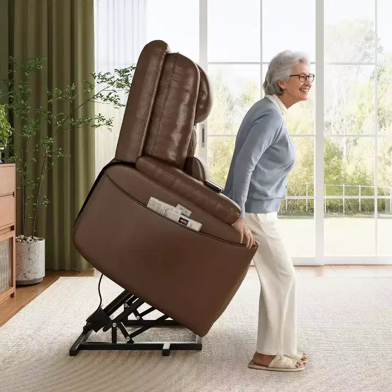 Power Lift Recliner Chair in PU Leather with Charging Ports, Cup Holders, Electric Stand Assist and Remote Control, Brown