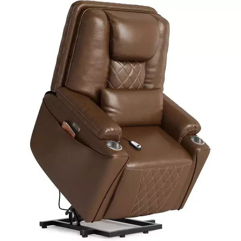 Power Lift Recliner Chair in PU Leather with Charging Ports, Cup Holders, Electric Stand Assist and Remote Control, Brown
