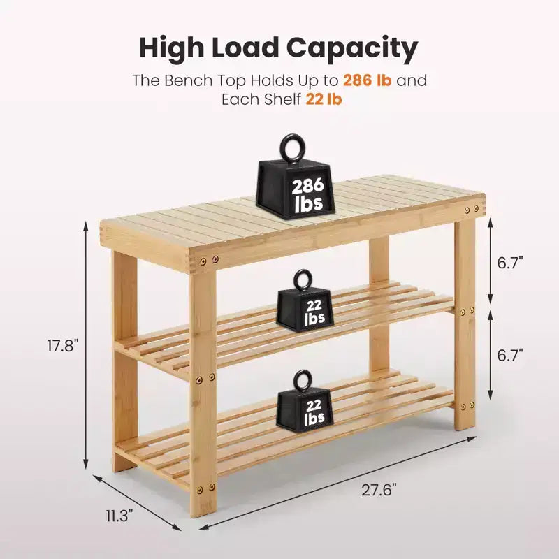 3-Tier Bamboo Shoe Rack Bench, 286 LBS Capacity for Entryway, Bedroom, Living Room and Balcony