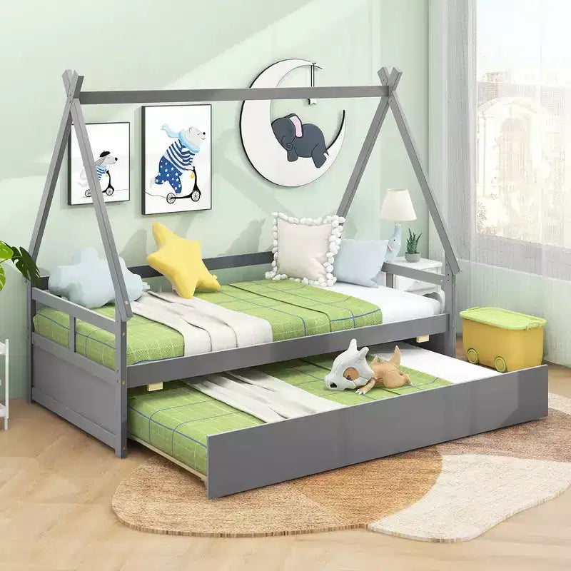 Twin Size House Bed with Trundle, Roof, Safety Guardrail and Wood Slat Support, Gray
