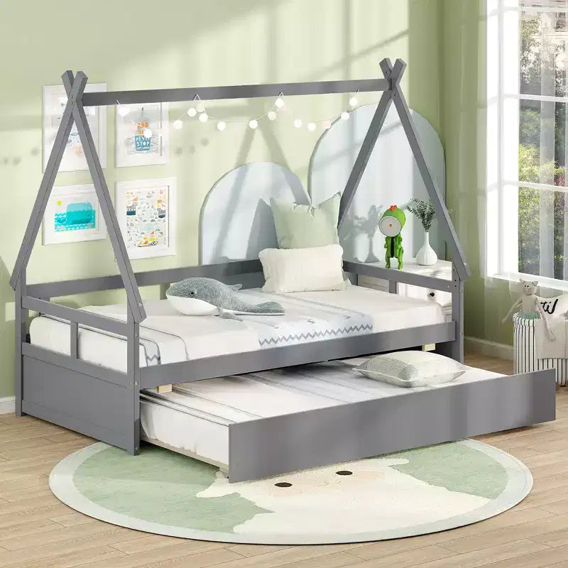 Twin Size House Bed with Trundle, Roof, Safety Guardrail and Wood Slat Support, Gray