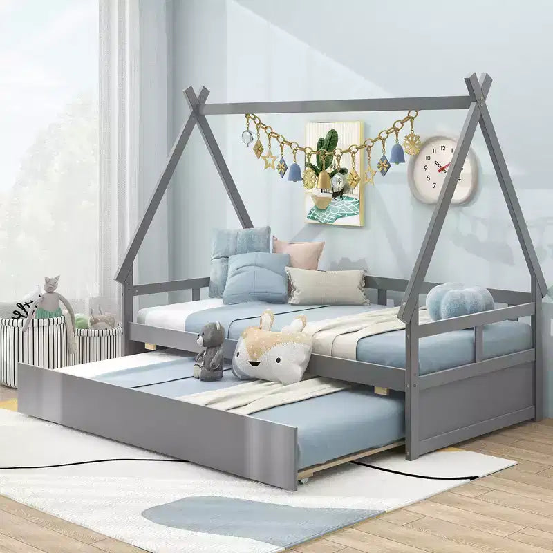 Twin Size House Bed with Trundle, Roof, Safety Guardrail and Wood Slat Support, Gray