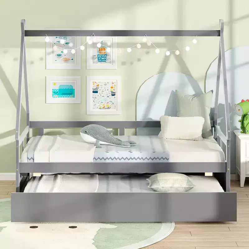 Twin Size House Bed with Trundle, Roof, Safety Guardrail and Wood Slat Support, Gray