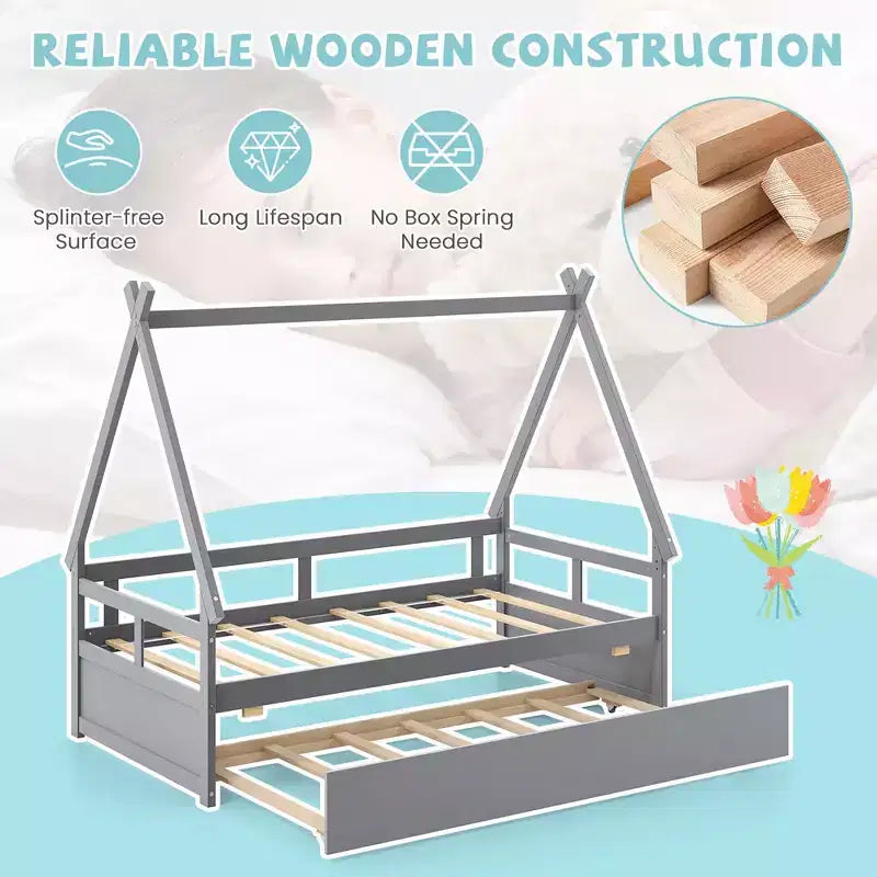Twin Size House Bed with Trundle, Roof, Safety Guardrail and Wood Slat Support, Gray