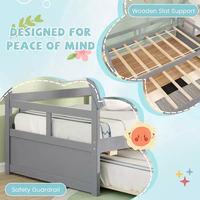 Twin Size House Bed with Trundle, Roof, Safety Guardrail and Wood Slat Support, Gray