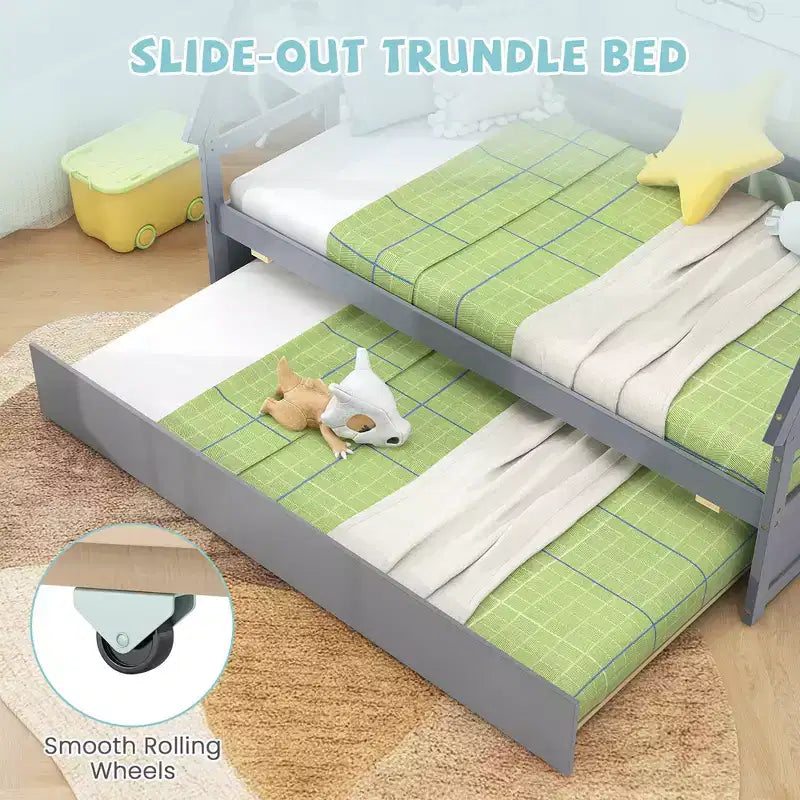 Twin Size House Bed with Trundle, Roof, Safety Guardrail and Wood Slat Support, Gray