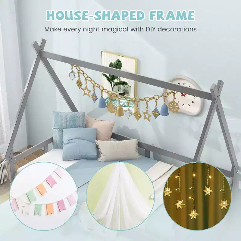 Twin Size House Bed with Trundle, Roof, Safety Guardrail and Wood Slat Support, Gray