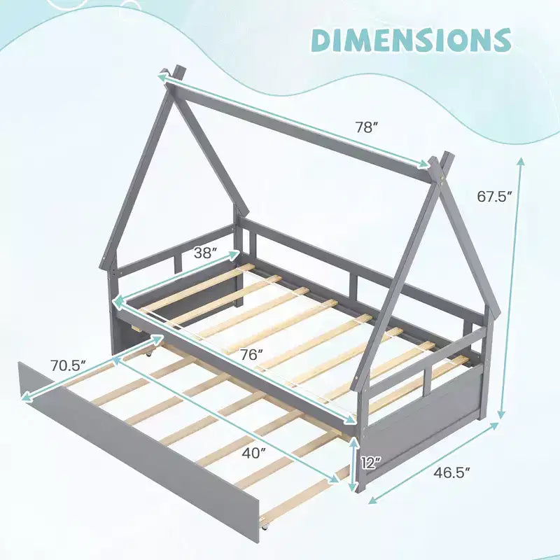 Twin Size House Bed with Trundle, Roof, Safety Guardrail and Wood Slat Support, Gray