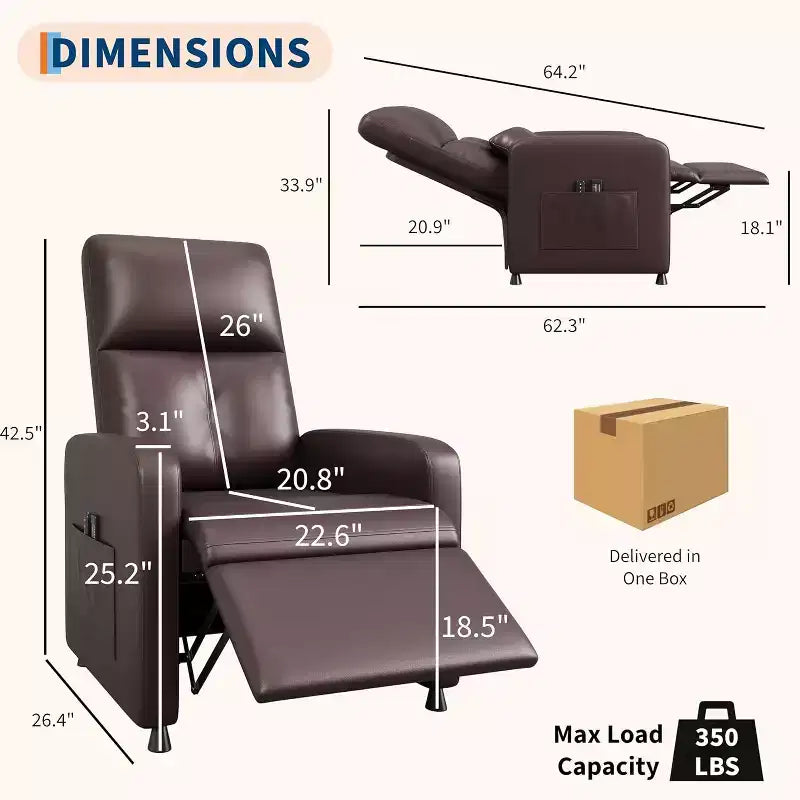 Power Recliner Chair with Massage and Heat, Adjustable Electric Recliner Ergonomic Overstuffed PU Leather Single Sofa, 2 Side Pockets and USB Port